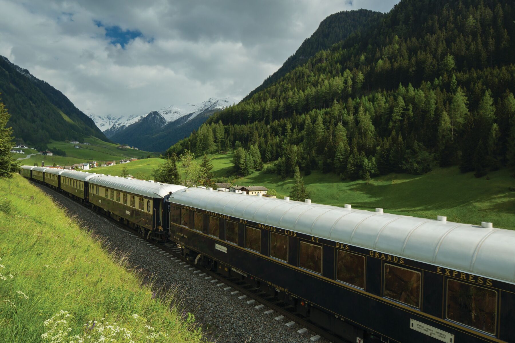 Train surrounded by lush forestry and mountains.