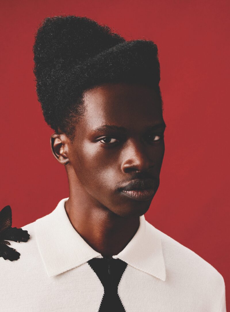 Man in white shirt and black tie against a red background with butterfly on his shoulder.
