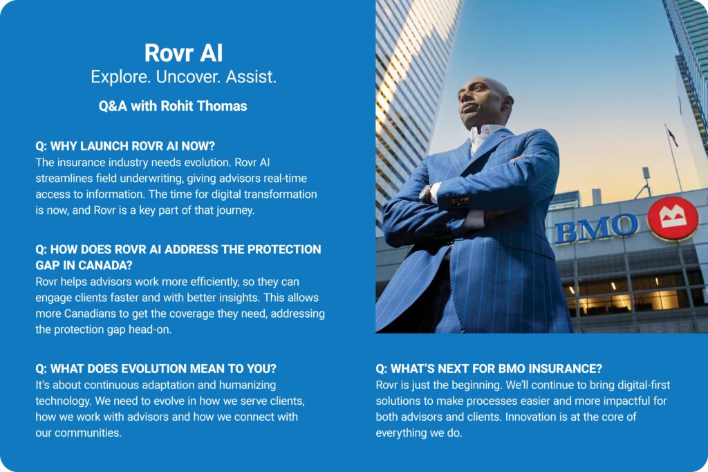 Business professional in a suit standing confidently in front of BMO Insurance building, symbolizing innovation and leadership in the insurance sector with Rovr AI technology.