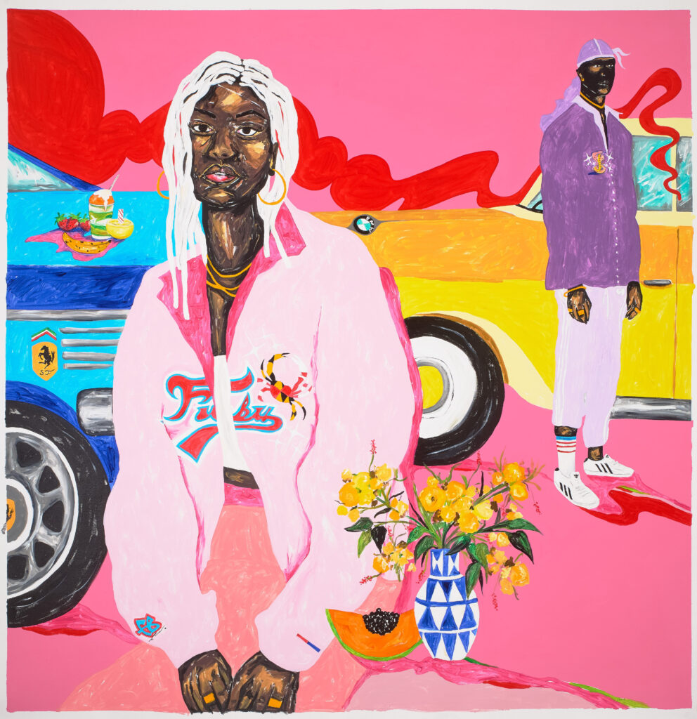 Portrait of a Black woman in a pink jacket with floral details, set against a vibrant backdrop featuring a blue sports car and a yellow vintage car, symbolizing hip-hop culture and contemporary art themes at the Art Gallery of Ontario's exhibit.