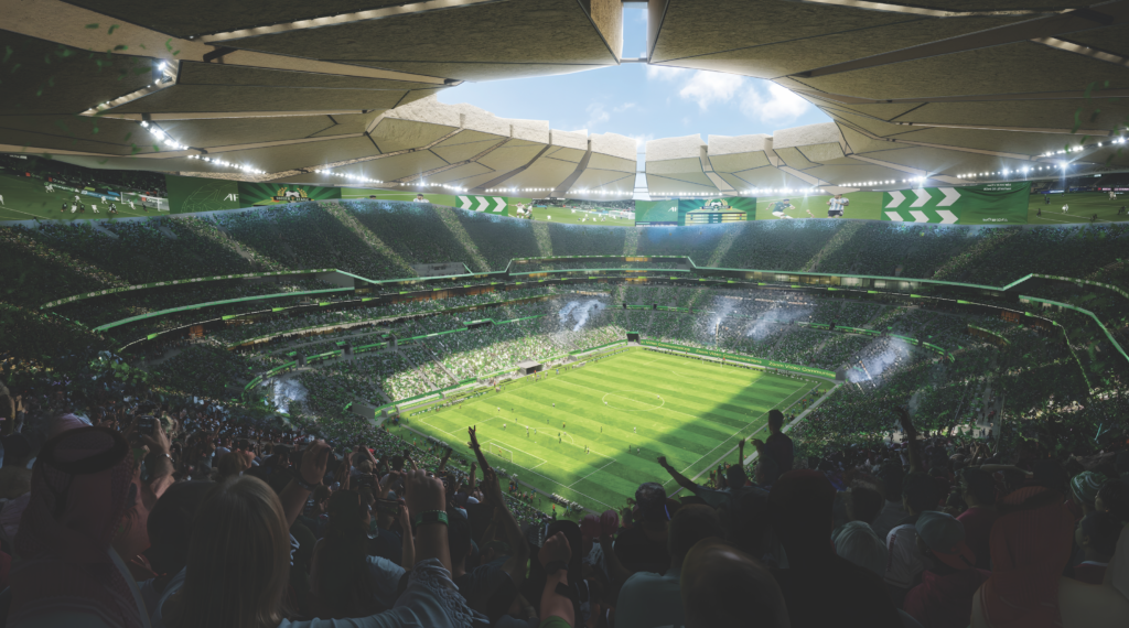Stadium interior filled with enthusiastic fans watching a live soccer match, showcasing luxurious seating and vibrant atmosphere, emphasizing the evolution of sports experiences.