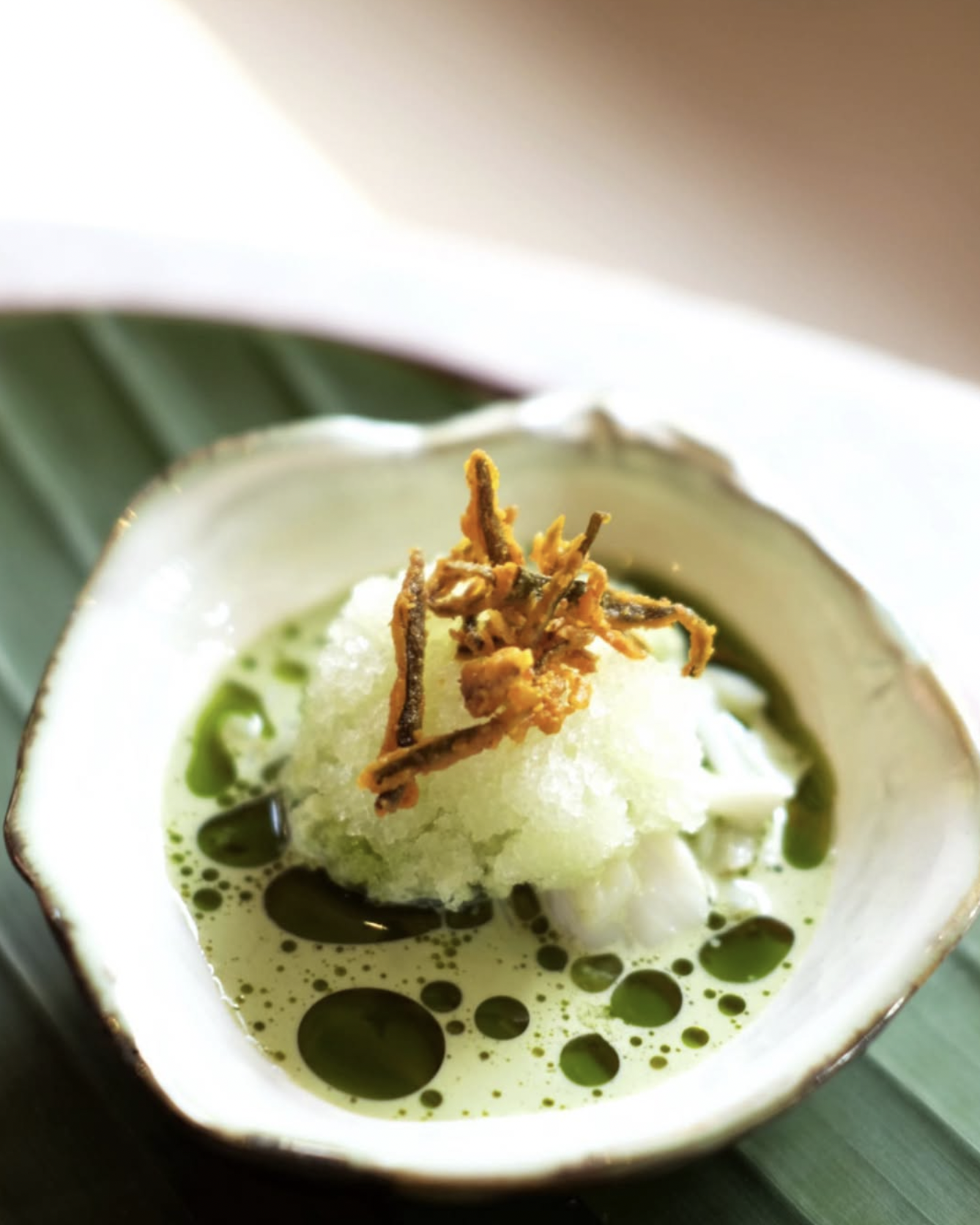 Delicate South Asian dessert served in a traditional bowl, featuring icy green granita topped with crispy fried onions and garnished with vibrant green sauce, highlighting innovative culinary techniques.
